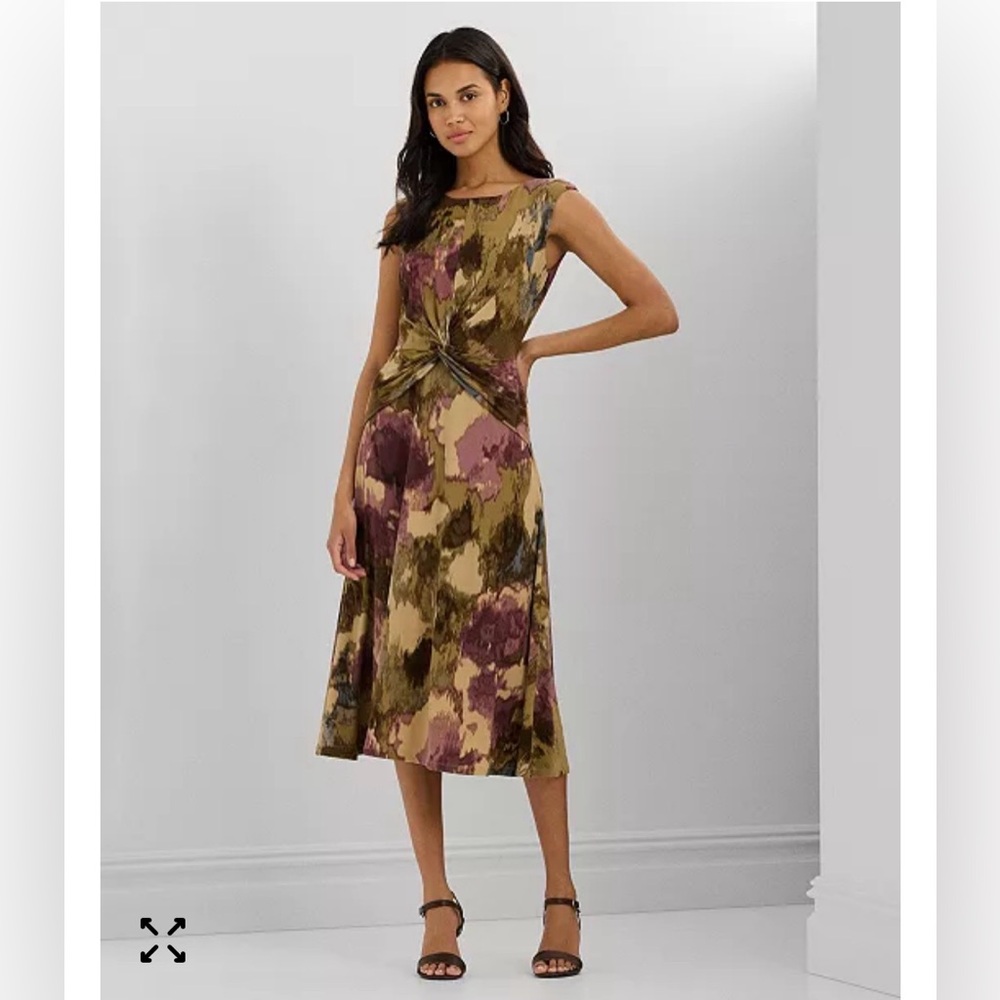 Ralph Lauren Sleeveless Knot-Front Midi Dress in Brown, Plum & Navy